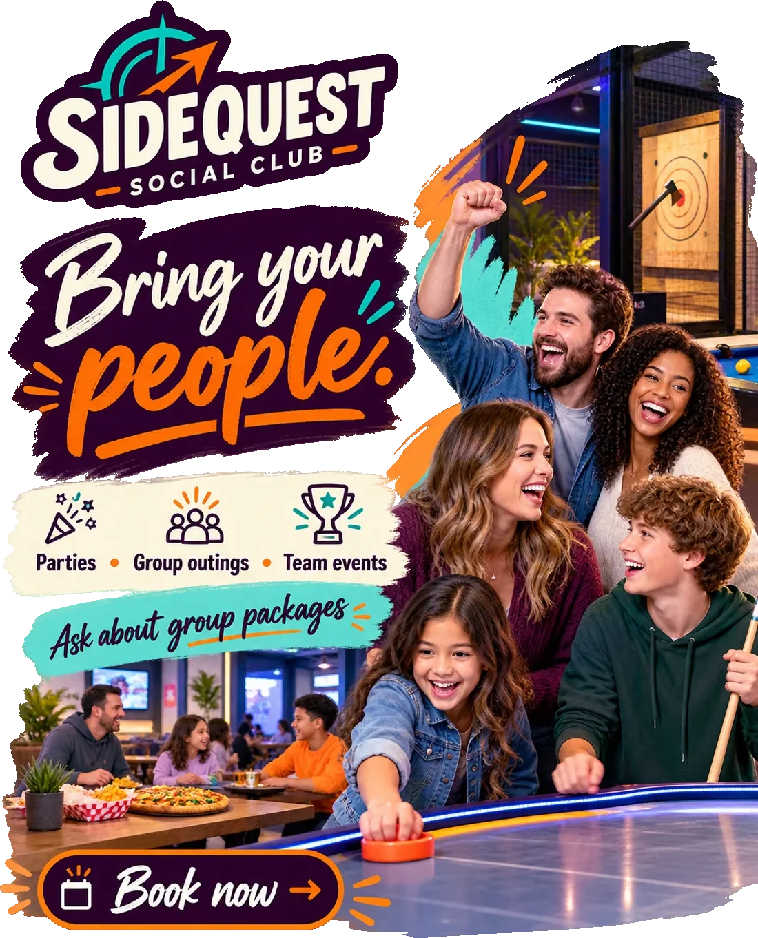 Group-booking feed unit: bring your people, under the club’s own lockup, with parties, group outings and team events as three iconed marks, ask about group packages beneath them and book now across the foot.
