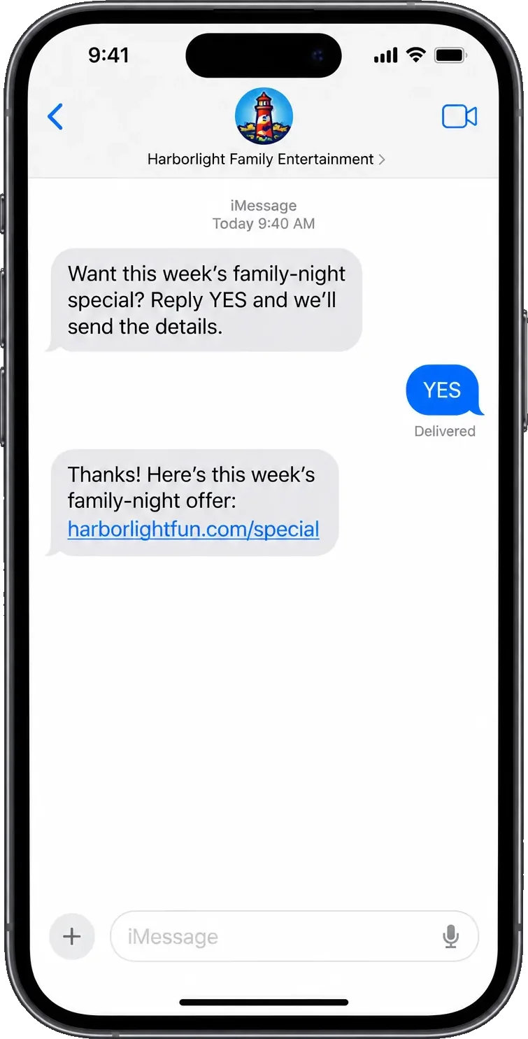 Offer thread: the centre here, want the family-night special, reply YES and we’ll send the details, then the YES and the centre’s own special link.