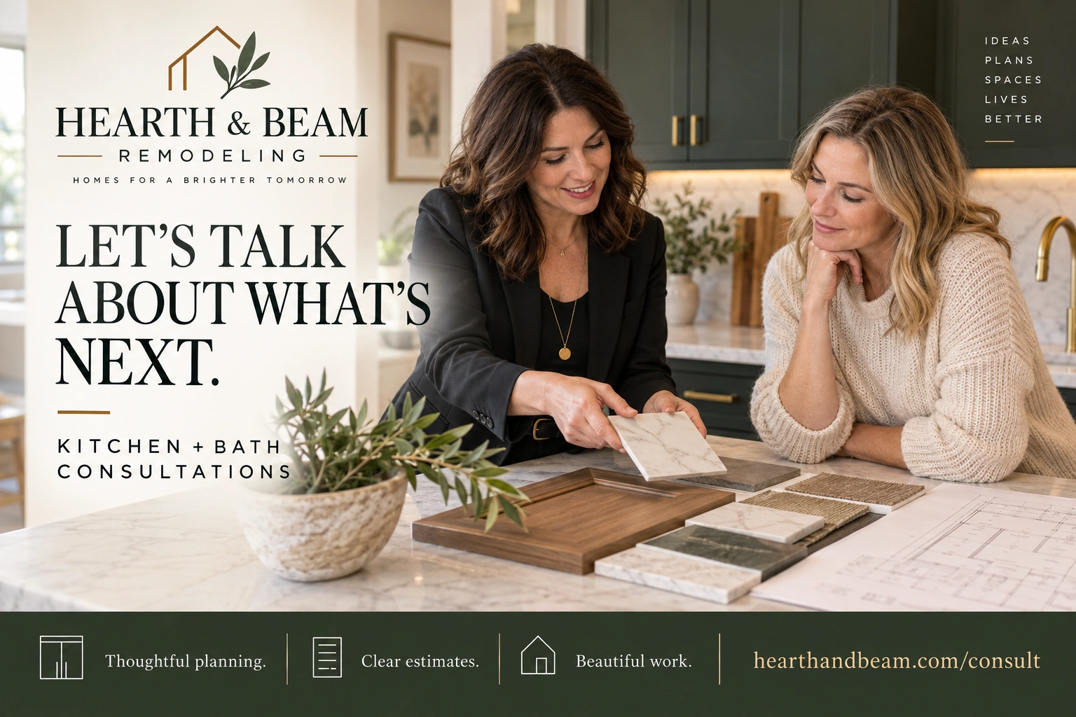 Design-consultation postcard: let’s talk about what’s next; kitchen and bath consultations; thoughtful planning, clear estimates, beautiful work; the firm’s own consultation address.