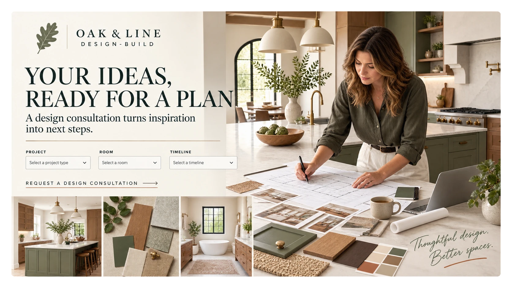 The page the enquiry is qualified on: your ideas, ready for a plan; project, room and timeline; request a design consultation.