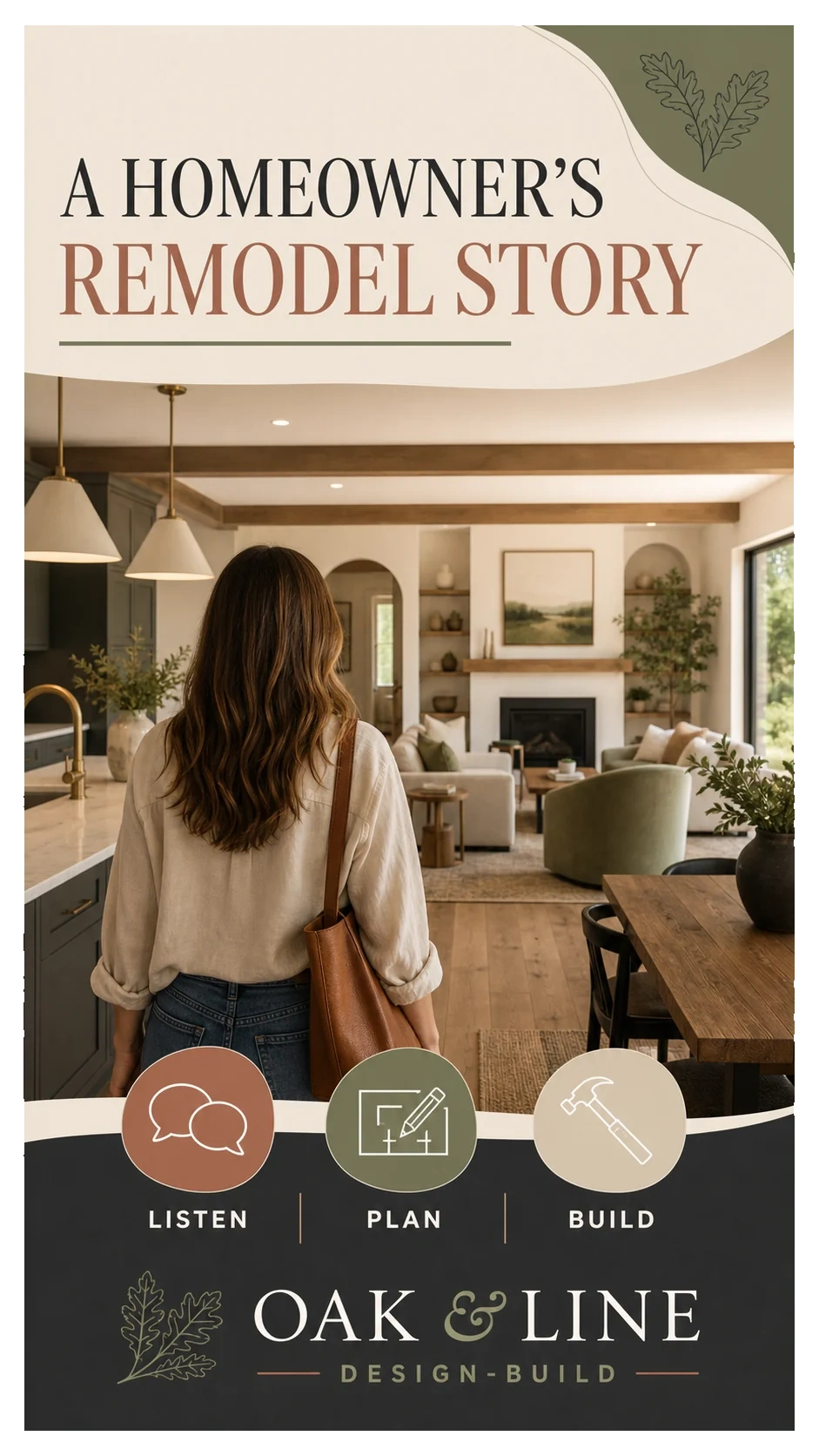 Homeowner-story Reel cover: a homeowner’s remodel story; listen, plan, build; the finished room she walks into.