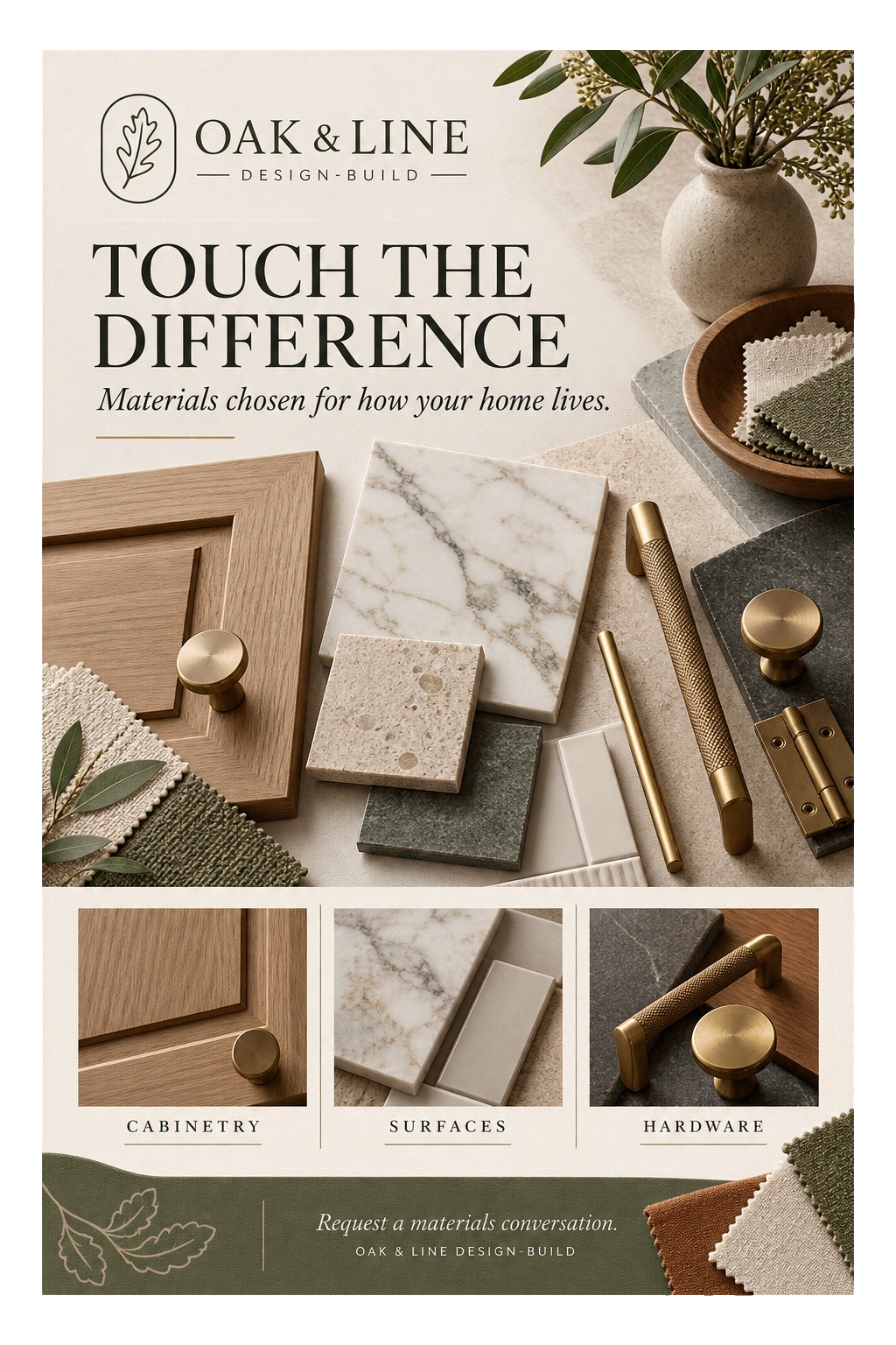 Materials-and-swatch mailer: touch the difference, materials chosen for how your home lives; cabinetry, surfaces and hardware; request a materials conversation.