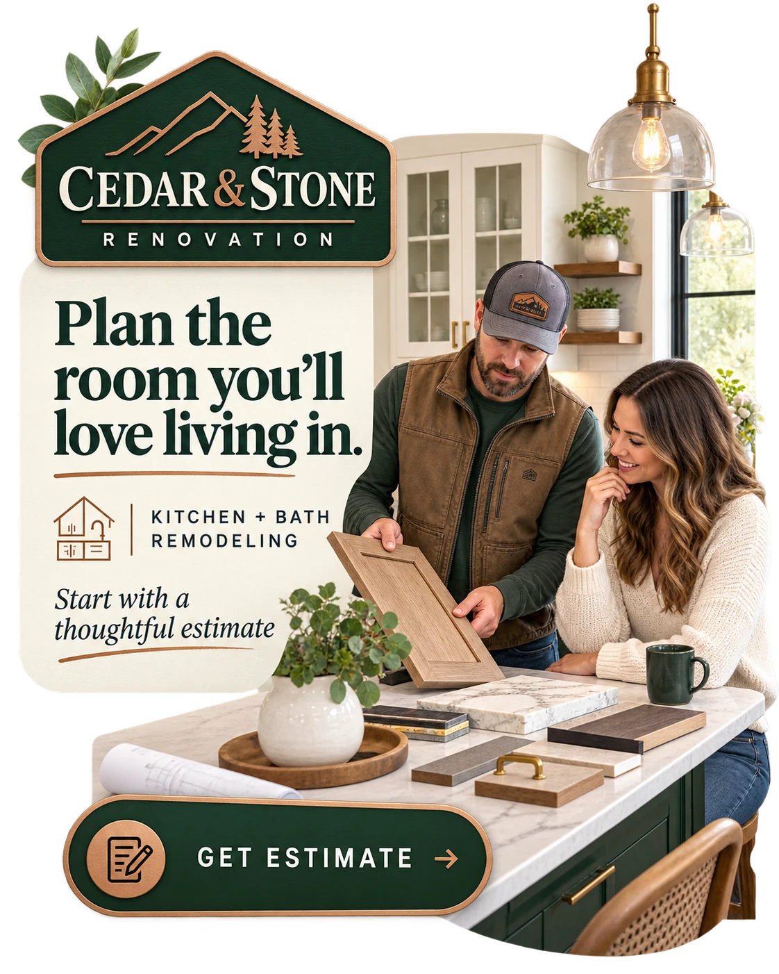 Homeowner feed unit: plan the room you’ll love living in; kitchen and bath remodeling; start with a thoughtful estimate; get estimate.