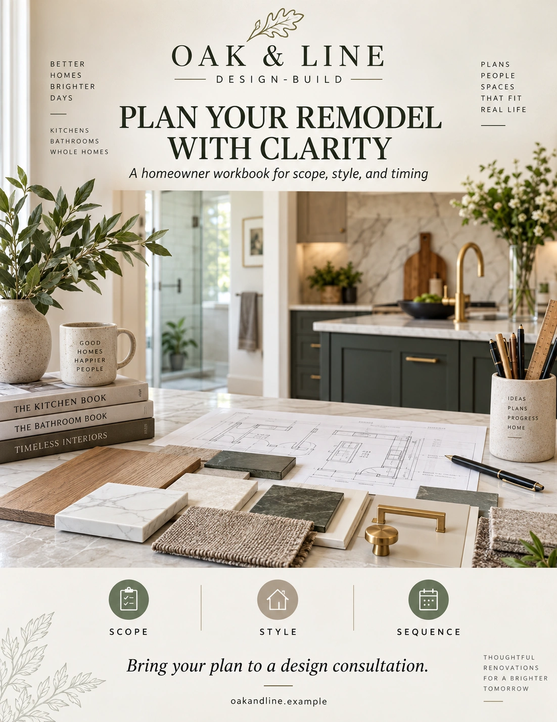 Homeowner planning workbook: plan your remodel with clarity; a workbook for scope, style and timing; scope, style, sequence.