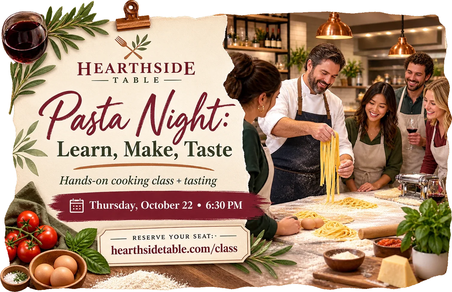 Cooking-class postcard: pasta night, learn, make and taste, a hands-on cooking class and tasting under the restaurant’s own lockup, with a dated line beneath it and a reserve-your-seat block carrying the restaurant’s own class address.