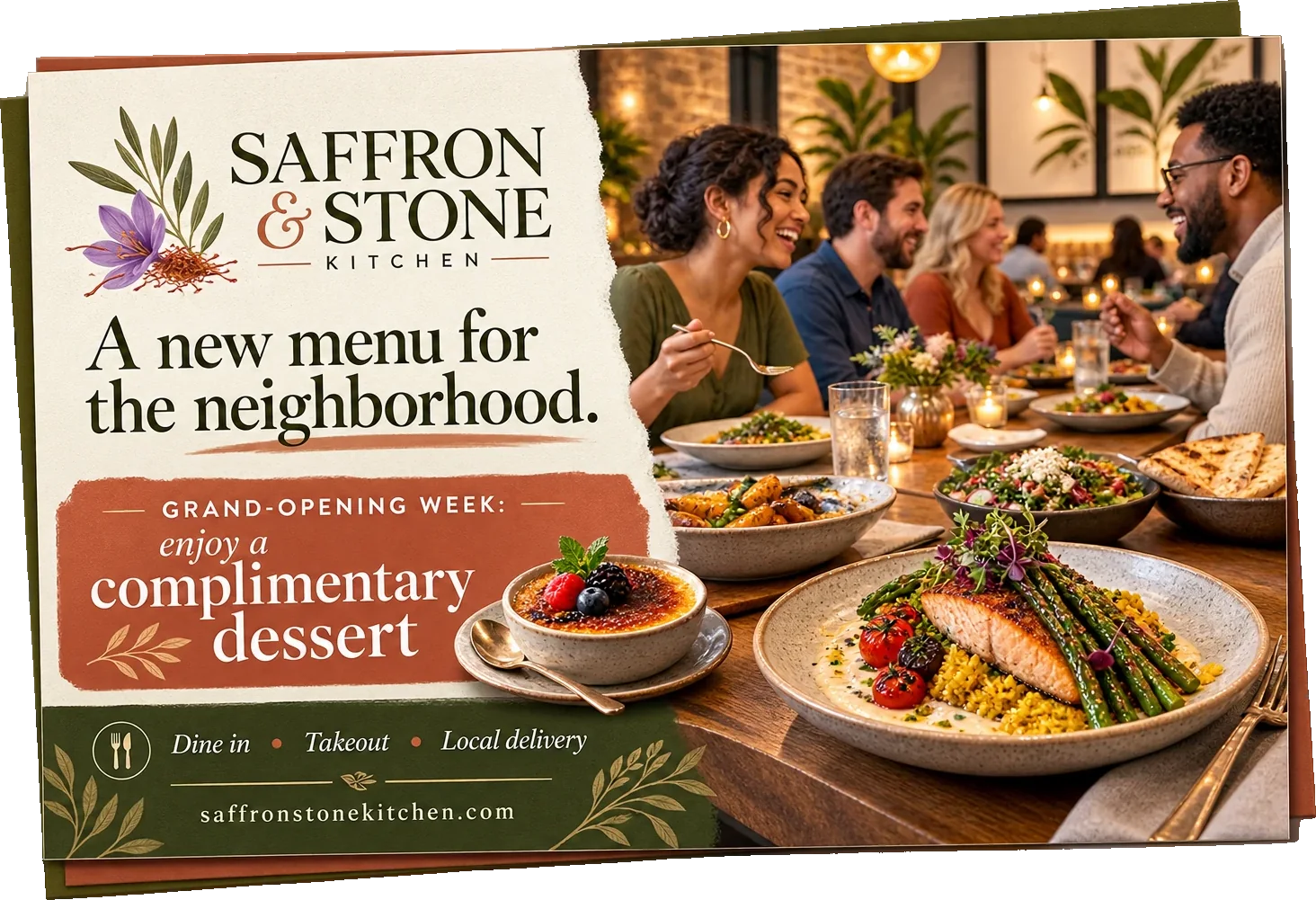 Grand-opening postcard: a new menu for the neighborhood, under the restaurant’s own lockup, with a grand-opening-week complimentary dessert marked beneath it, dine in, takeout and local delivery across the foot, and the restaurant’s own web address below them.