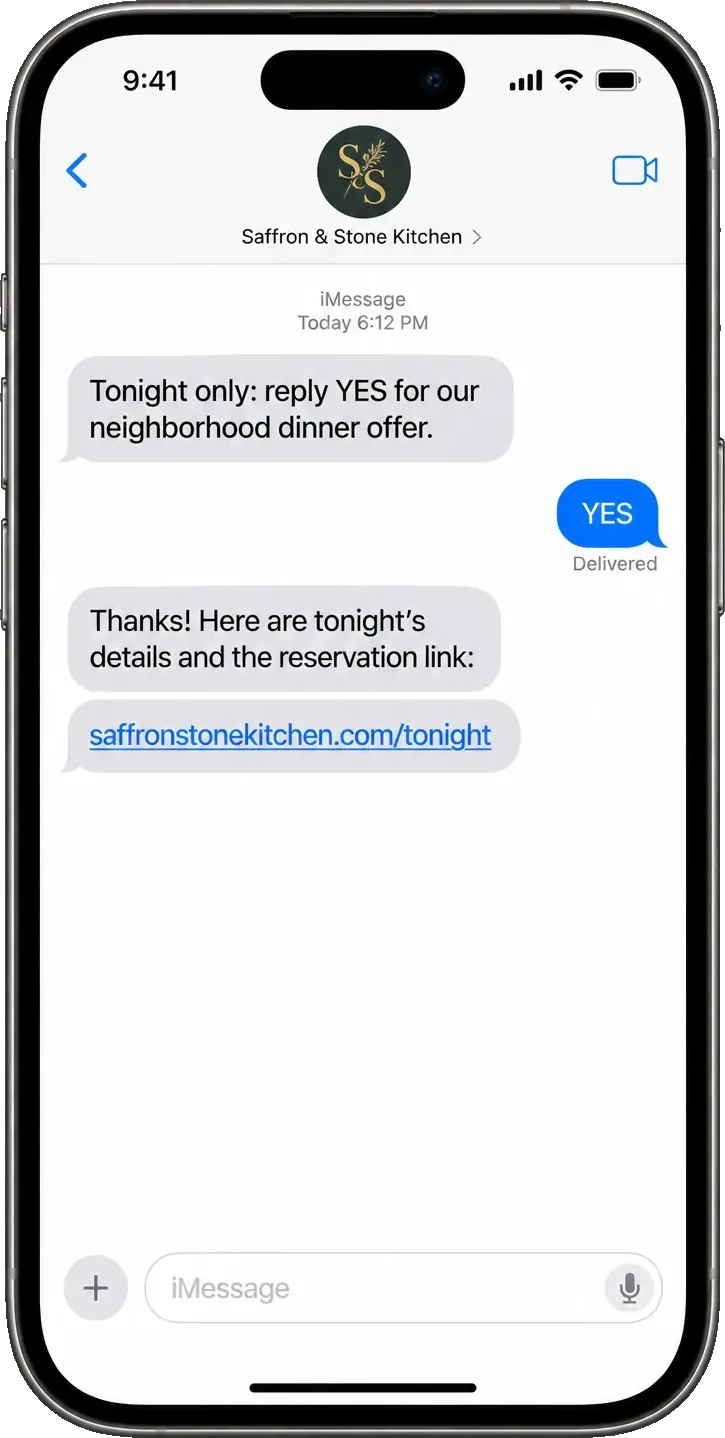 Offer thread: the restaurant here, reply YES for the neighborhood dinner offer, then the YES and the restaurant’s own reservation link.
