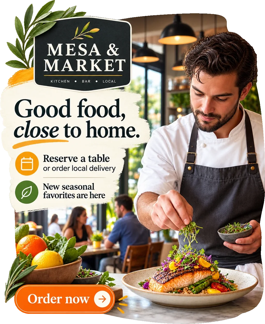 Local-awareness feed unit: good food, close to home, under the restaurant’s own lockup, with reserve a table or order local delivery and new seasonal favorites as two iconed marks, and order now across the foot.