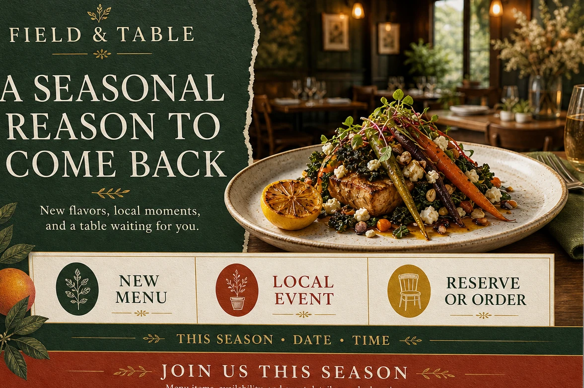 Seasonal and local-event postcard: a seasonal reason to come back, new flavors, local moments and a table waiting for you, with new menu, local event and reserve or order as three marked panels above a season, date and time line left blank, and join us this season across the foot.