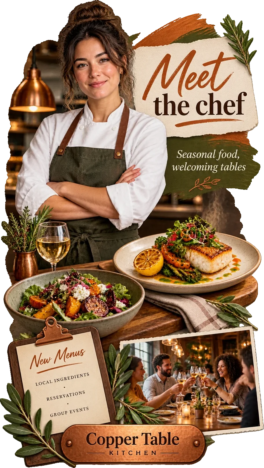 Chef-profile Reel: meet the chef, seasonal food and welcoming tables, the chef in front of her pass with two plated dishes beneath her, a new-menus board marked local ingredients, reservations and group events, and the restaurant’s own name on a plate at the foot.