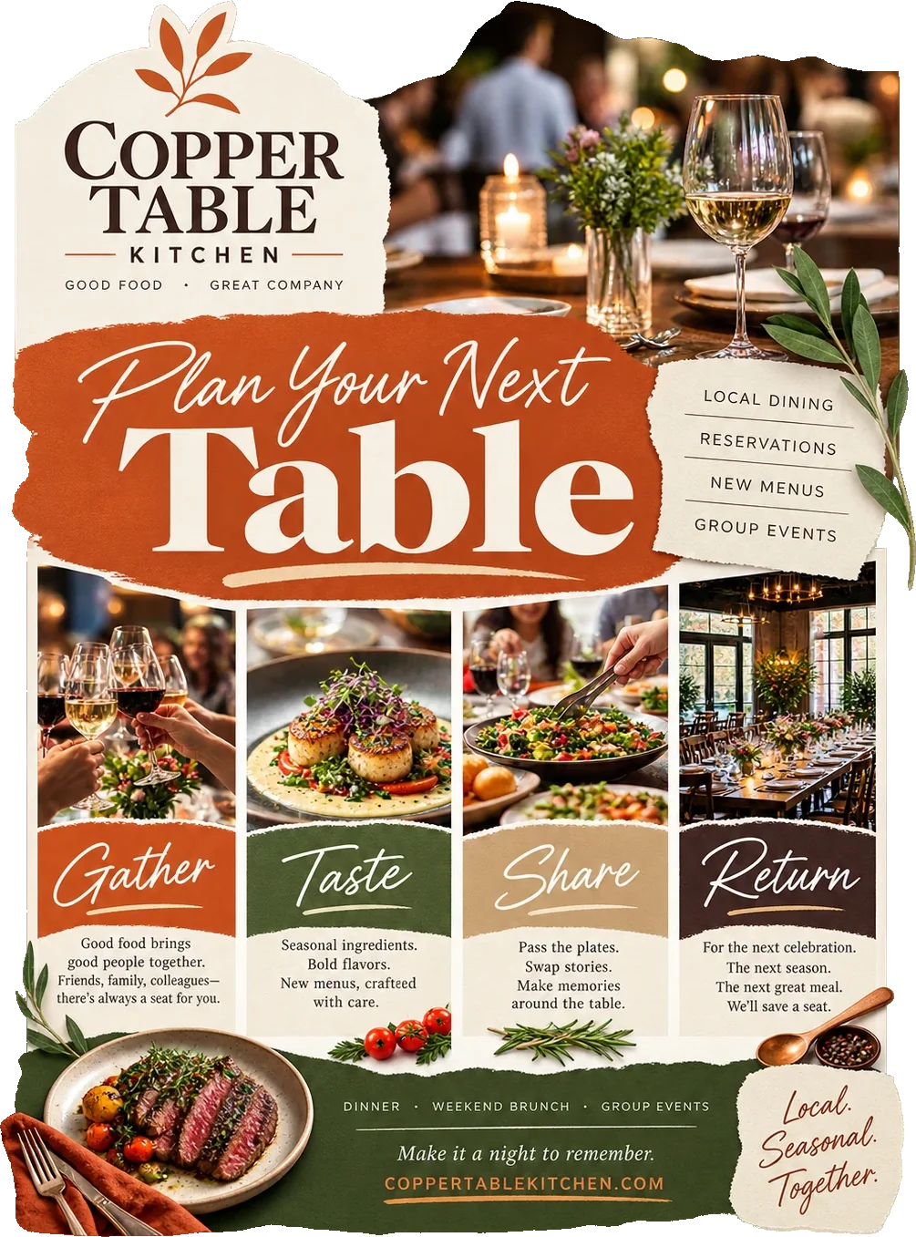 Dining-event guide: plan your next table, under the restaurant’s own lockup, with local dining, reservations, new menus and group events listed beside it, gather, taste, share and return as four marked panels, and make it a night to remember above the restaurant’s own web address.