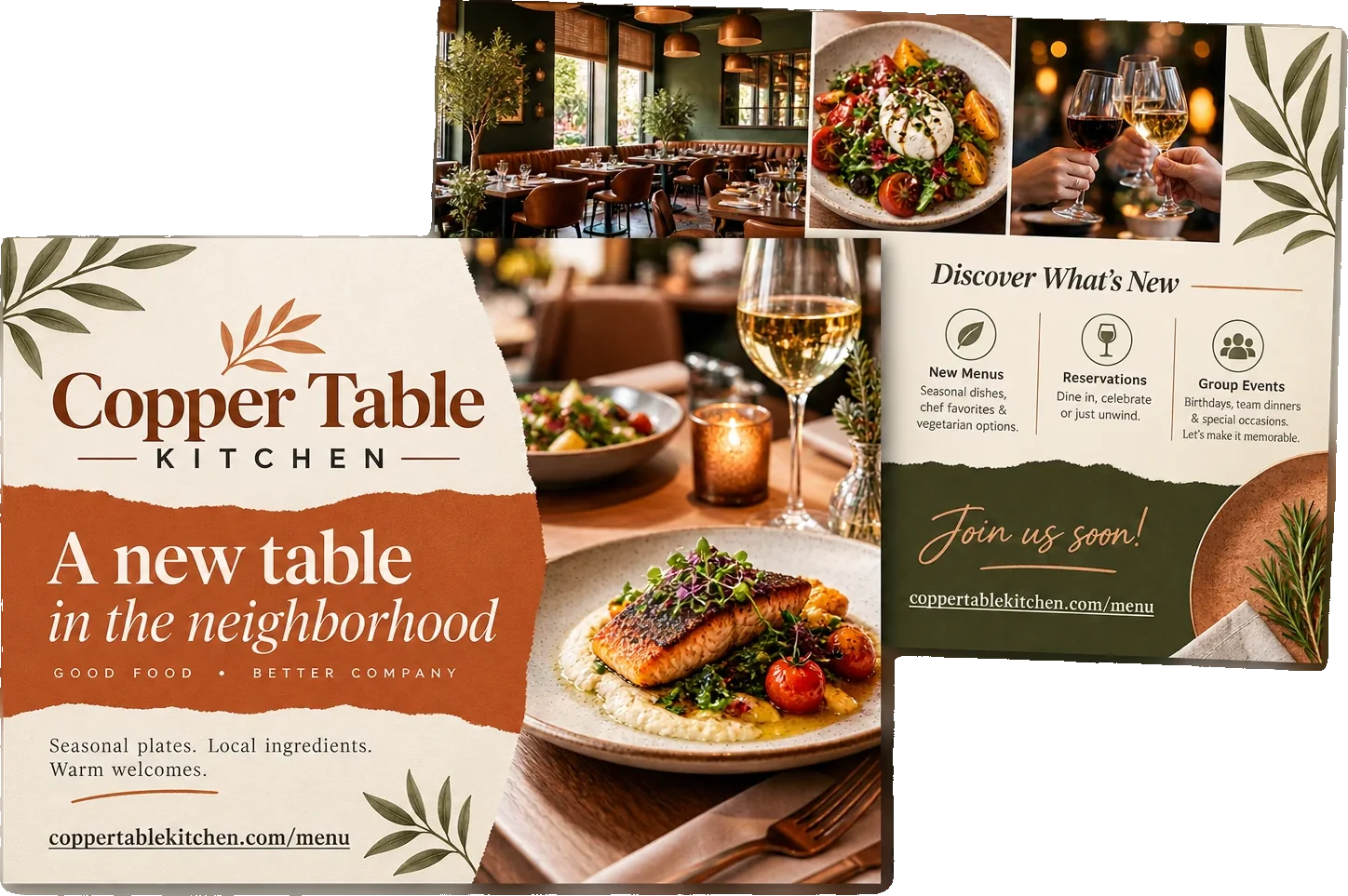 New-table postcard, front and back: a new table in the neighborhood, good food and better company, with seasonal plates, local ingredients and warm welcomes on the front; discover what’s new on the back, with new menus, reservations and group events as three iconed marks, join us soon, and the restaurant’s own menu address on both.