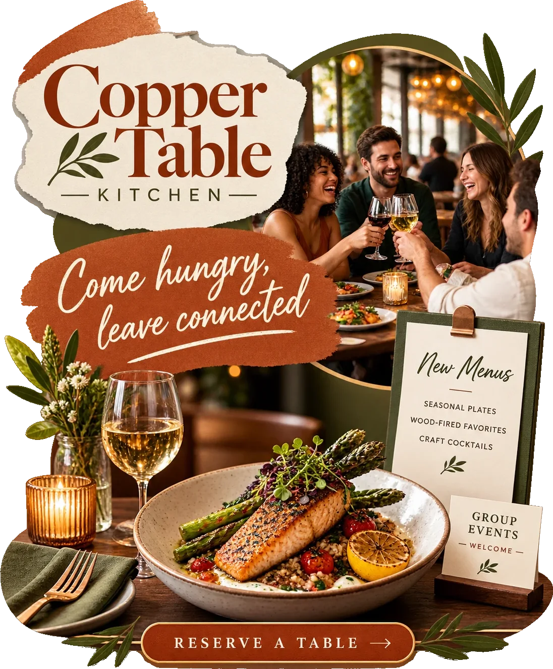 Local-awareness carousel: come hungry, leave connected, under the restaurant’s own lockup, with a new-menus table card listing seasonal plates, wood-fired favorites and craft cocktails, a group-events welcome card beside it, and reserve a table across the foot.