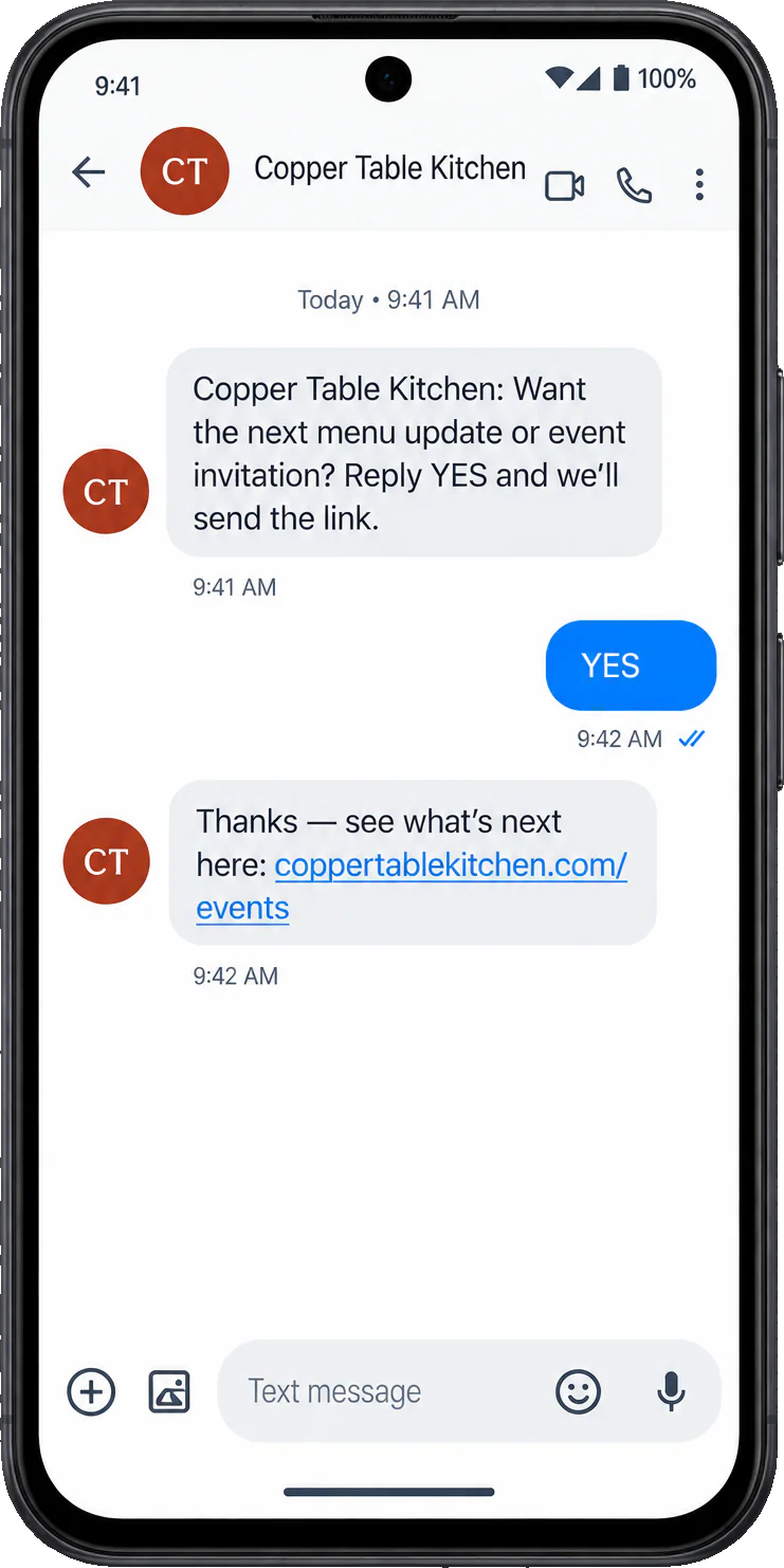 Menu-update thread: the restaurant here, want the next menu update or event invitation, reply YES and we’ll send the link, then the YES and the restaurant’s own events link.