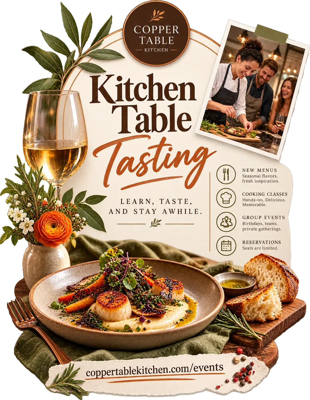 Tasting invitation: kitchen table tasting, learn, taste and stay awhile, under the restaurant’s own lockup, with new menus, cooking classes, group events and reservations as four marked rows and the restaurant’s own events address across the foot.