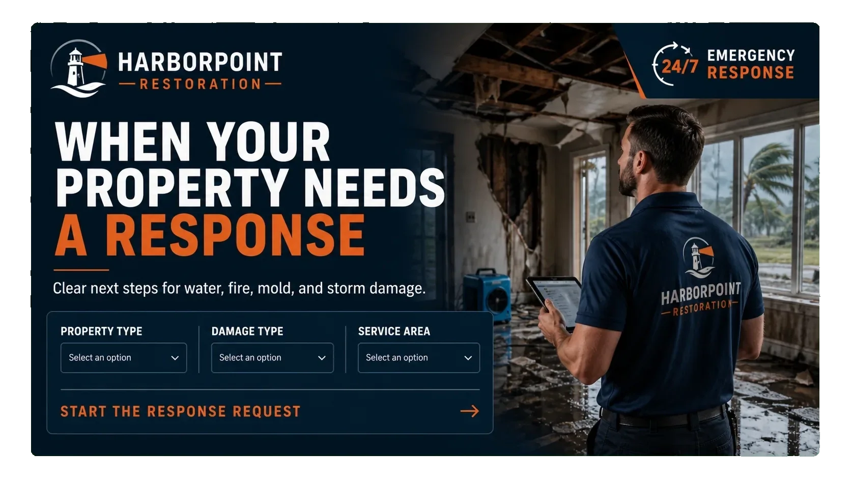 Where the campaign sends a property owner: when your property needs a response; clear next steps for water, fire, mold and storm damage; property type, damage type and service area; start the response request.