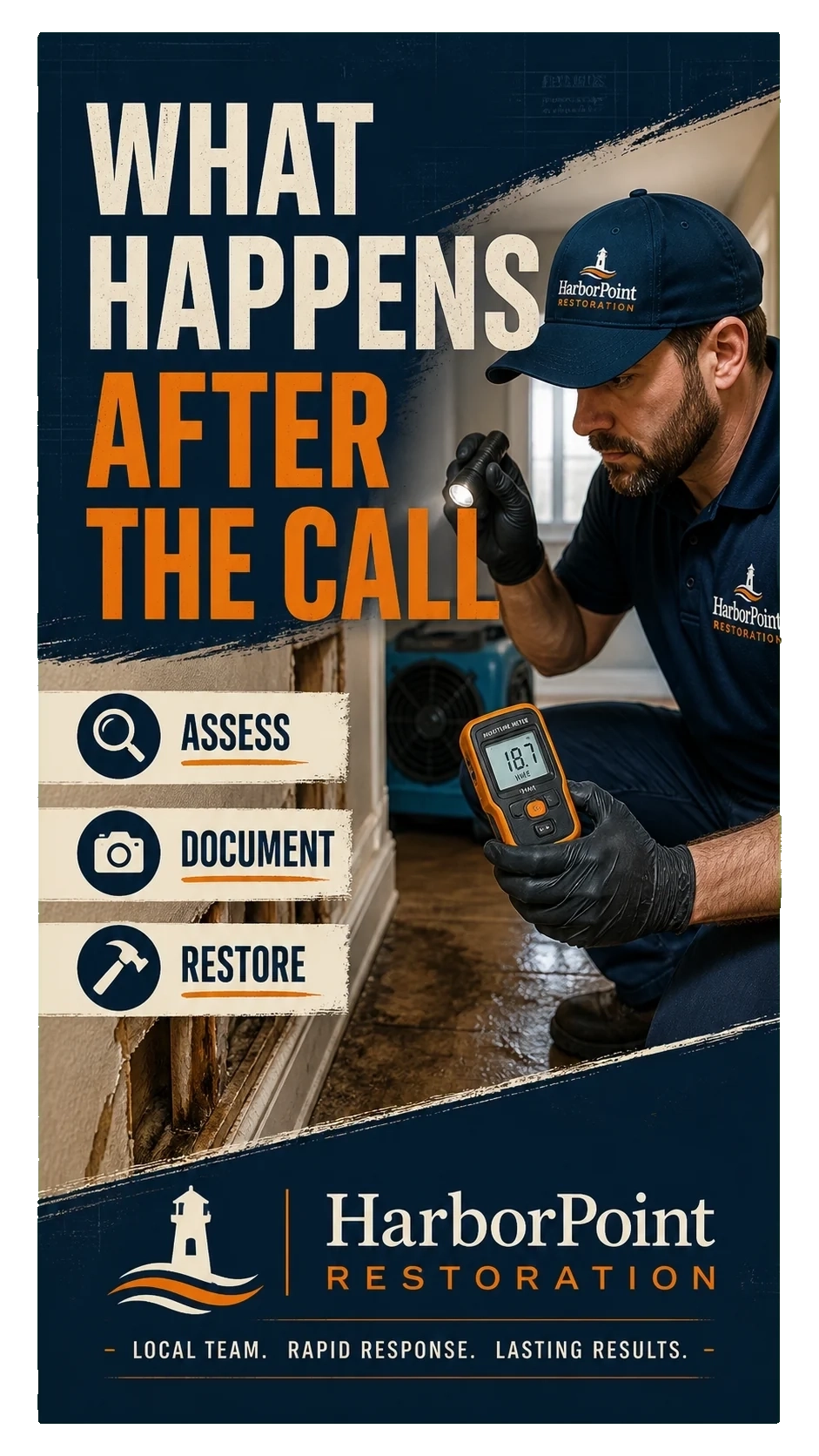 Restoration-process Reel cover: what happens after the call; assess, document, restore.