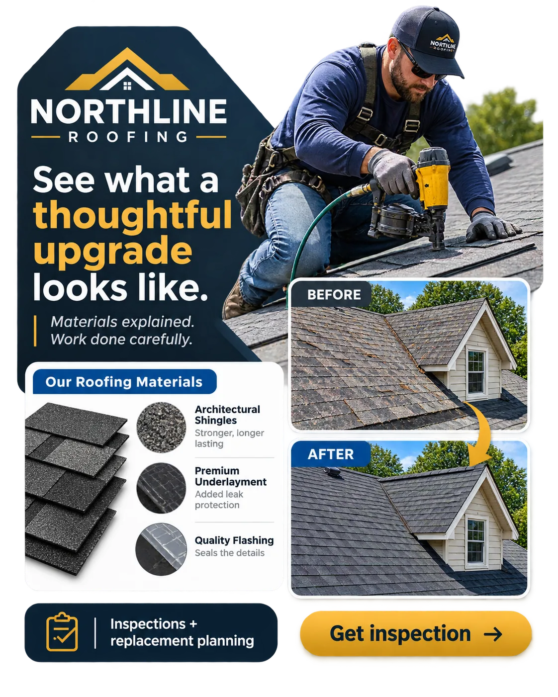 Before-and-after feed unit: see what a thoughtful upgrade looks like; materials explained, work done carefully; the same dormer before and after; inspections and replacement planning; get inspection.