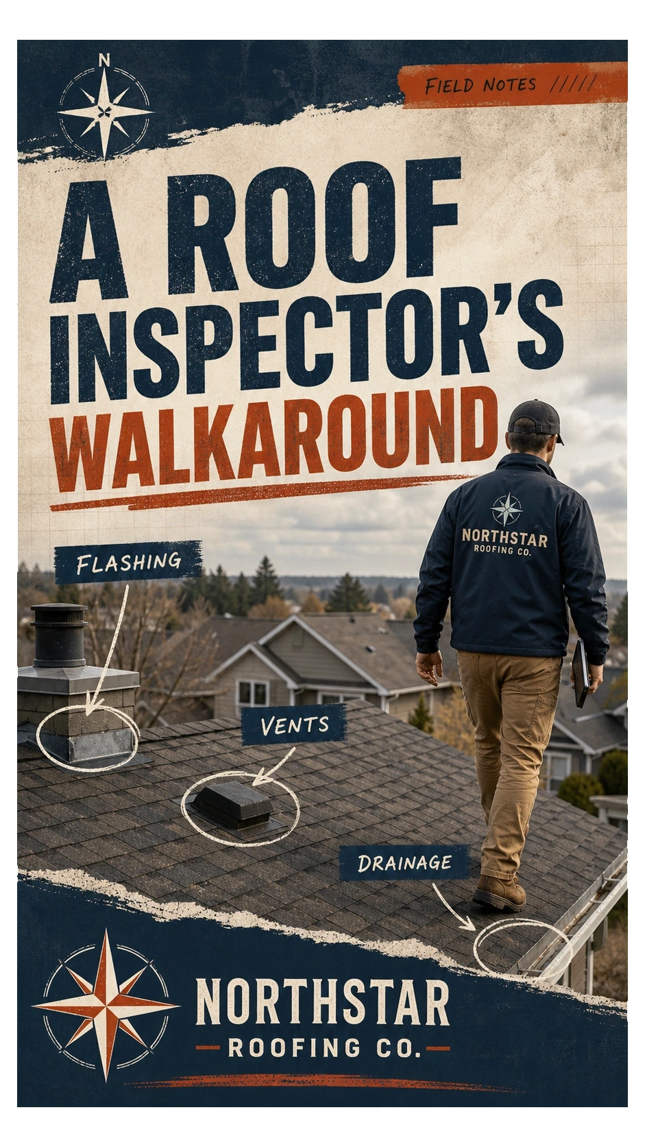 Inspector walkaround Reel cover: a roof inspector’s walkaround, field notes; flashing, vents and drainage marked on the roof he is walking.