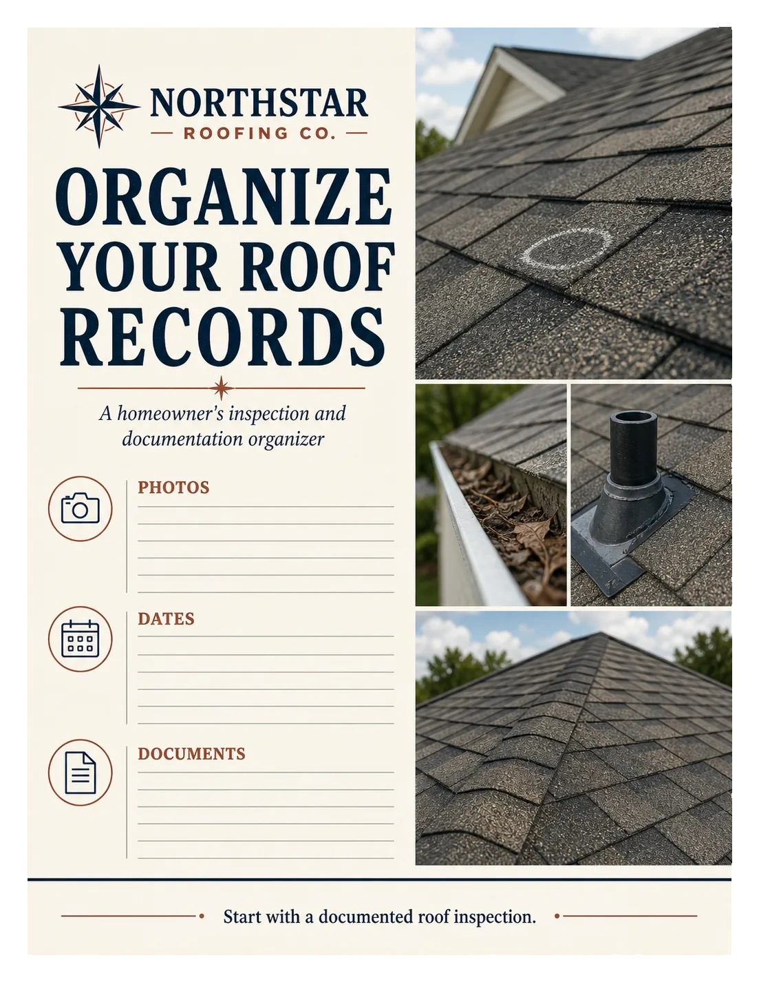 Insurance-document organizer: organize your roof records; a homeowner’s inspection and documentation organizer — photos, dates, documents; start with a documented roof inspection.