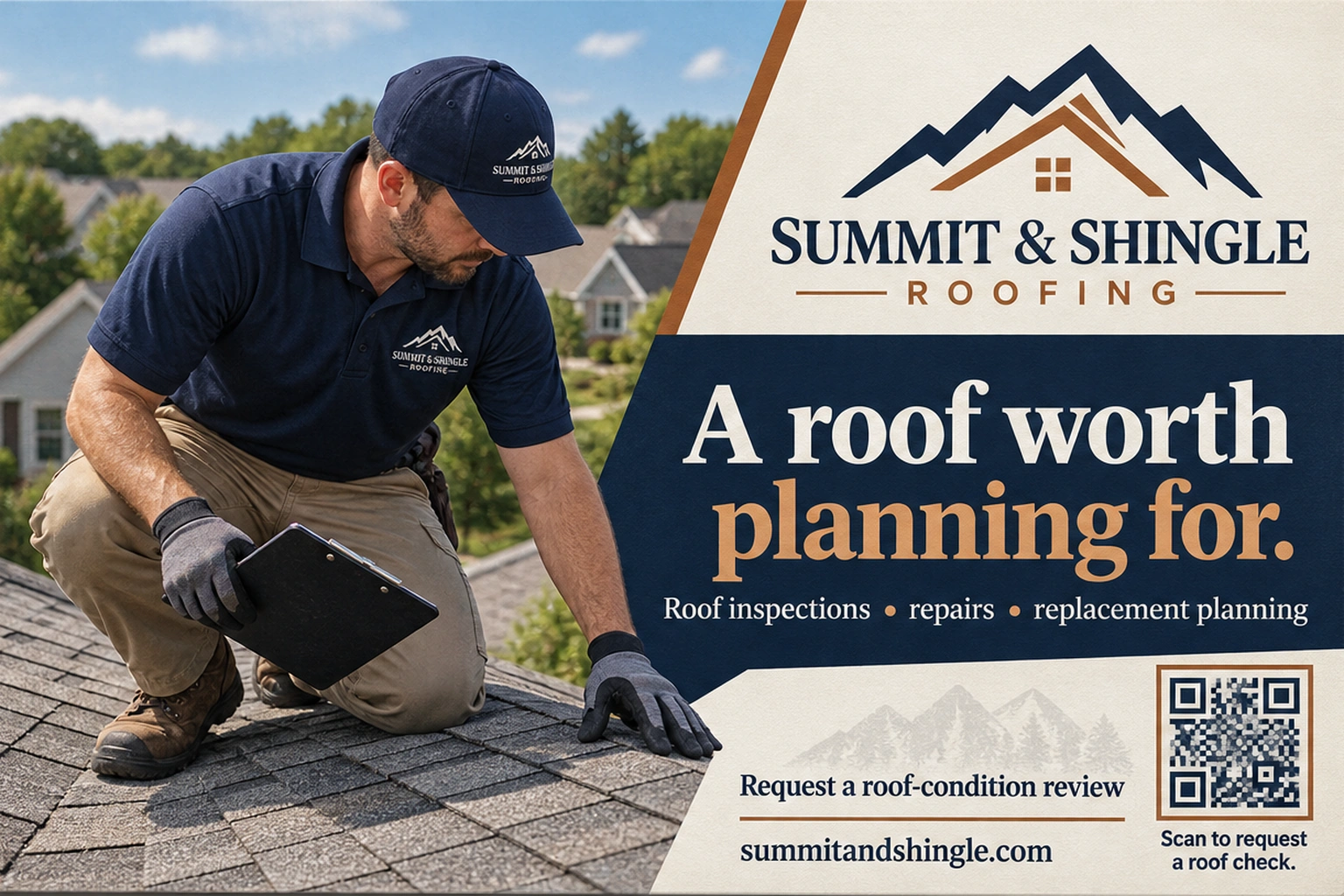 Neighborhood postcard: a roof worth planning for; roof inspections, repairs and replacement planning; serving local homeowners, and the roofer’s own address.