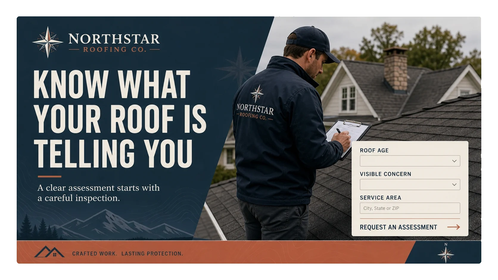 Where the campaign sends a homeowner: know what your roof is telling you; a clear assessment starts with a careful inspection; roof age, visible concern and service area; request an assessment.