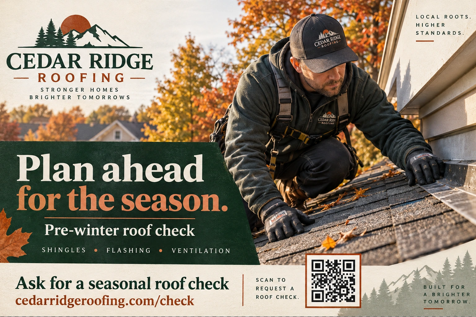 Seasonal roofing-offer postcard: plan ahead for the season; shingles, flashing, ventilation; and the roofer’s own check address.