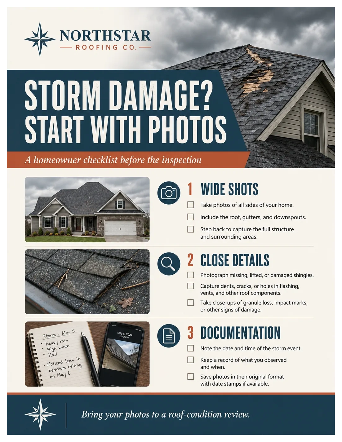 Storm-damage photo checklist: storm damage, start with photos; a homeowner checklist before the inspection — wide shots, close details, documentation; bring your photos to a roof-condition review.