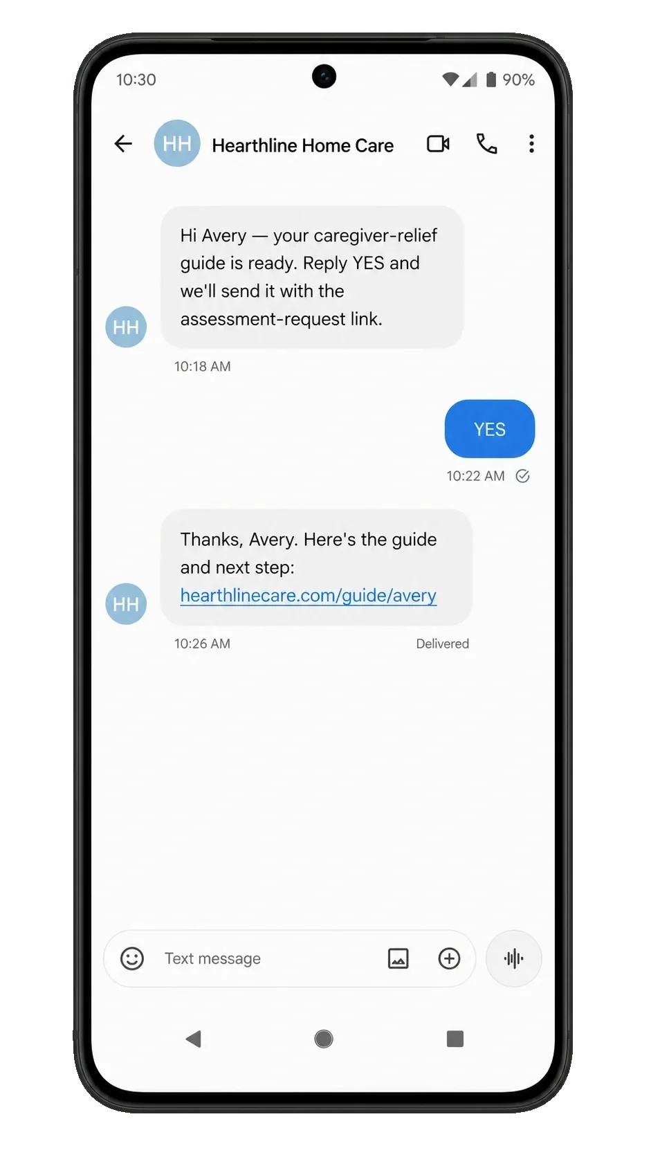 Assessment follow-up text, addressed by first name: your caregiver-relief guide is ready, reply YES and we’ll send it with the assessment-request link; the YES; then the guide and the next step, the link.