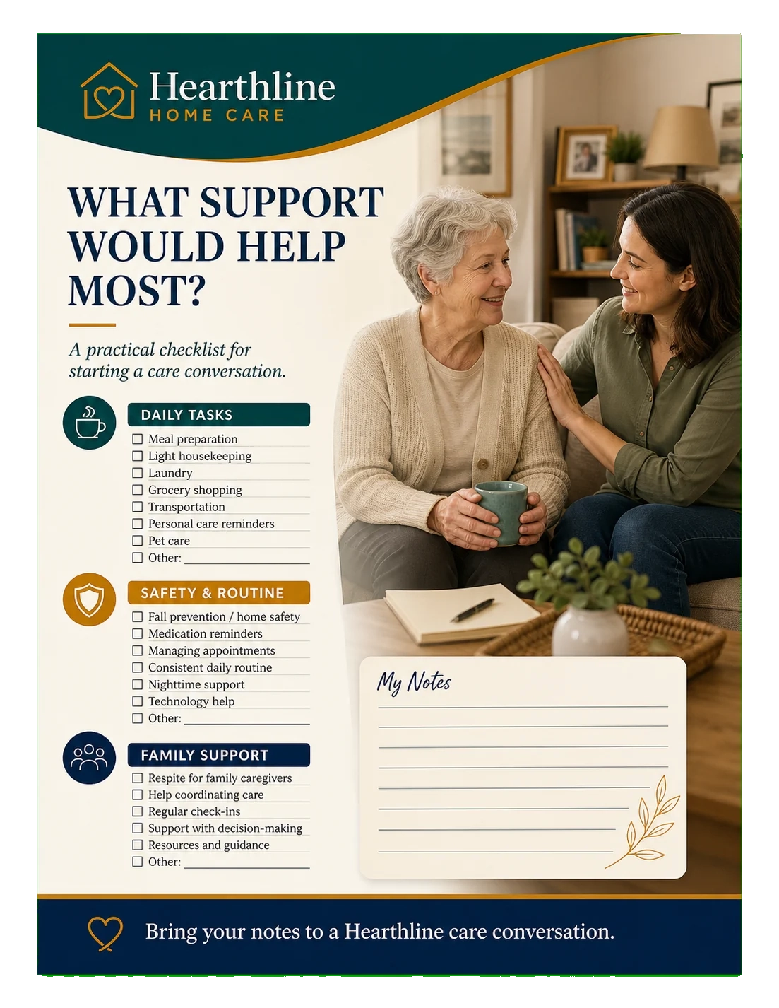 Care-needs checklist: what support would help most, a practical checklist for starting a care conversation; daily tasks, safety and routine, family support; my notes; bring your notes to a care conversation.