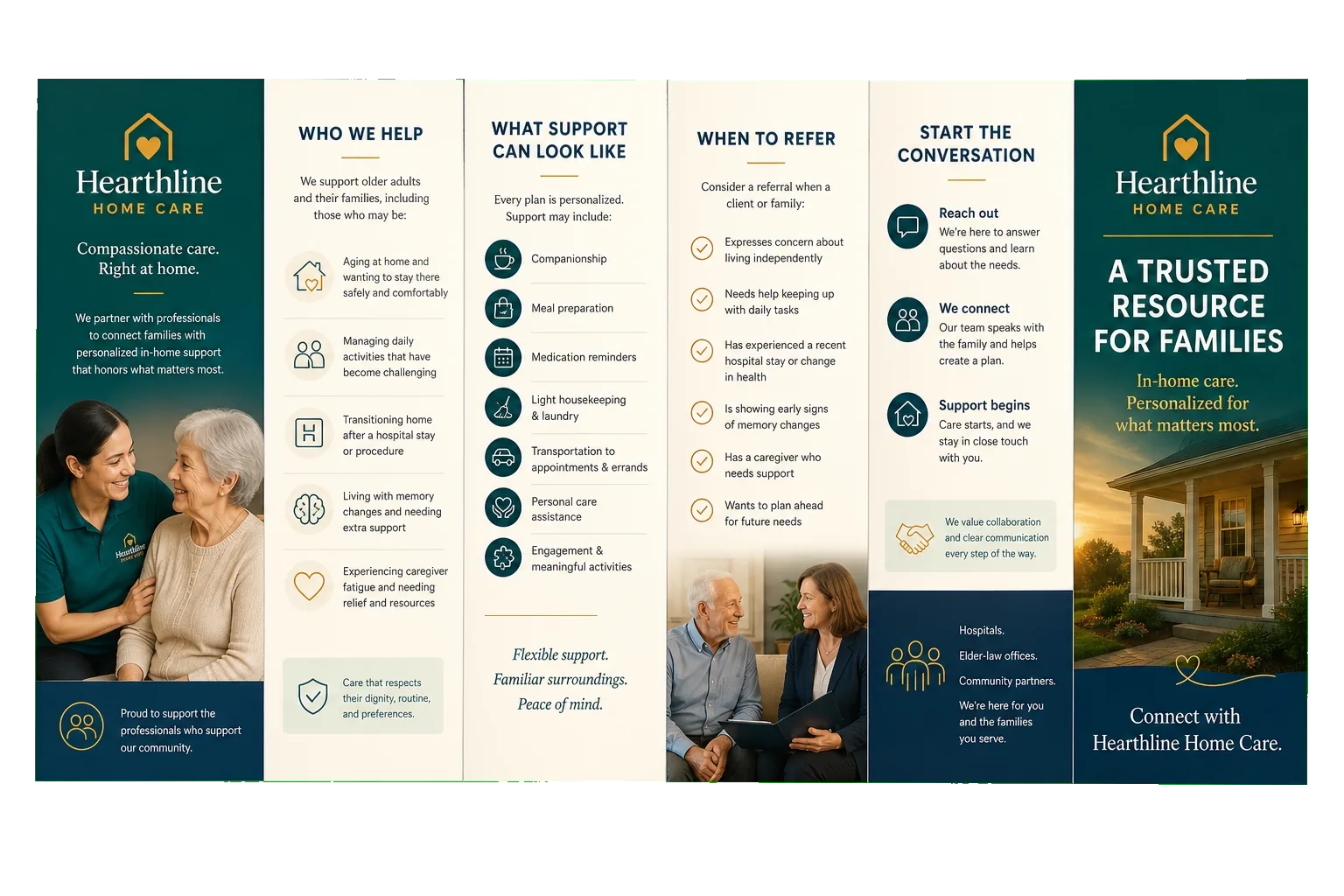 Referral-partner tri-fold: a trusted resource for families; who we help, what support can look like, when to refer, start the conversation; hospitals, elder-law offices, community partners; the organization’s name on every panel.