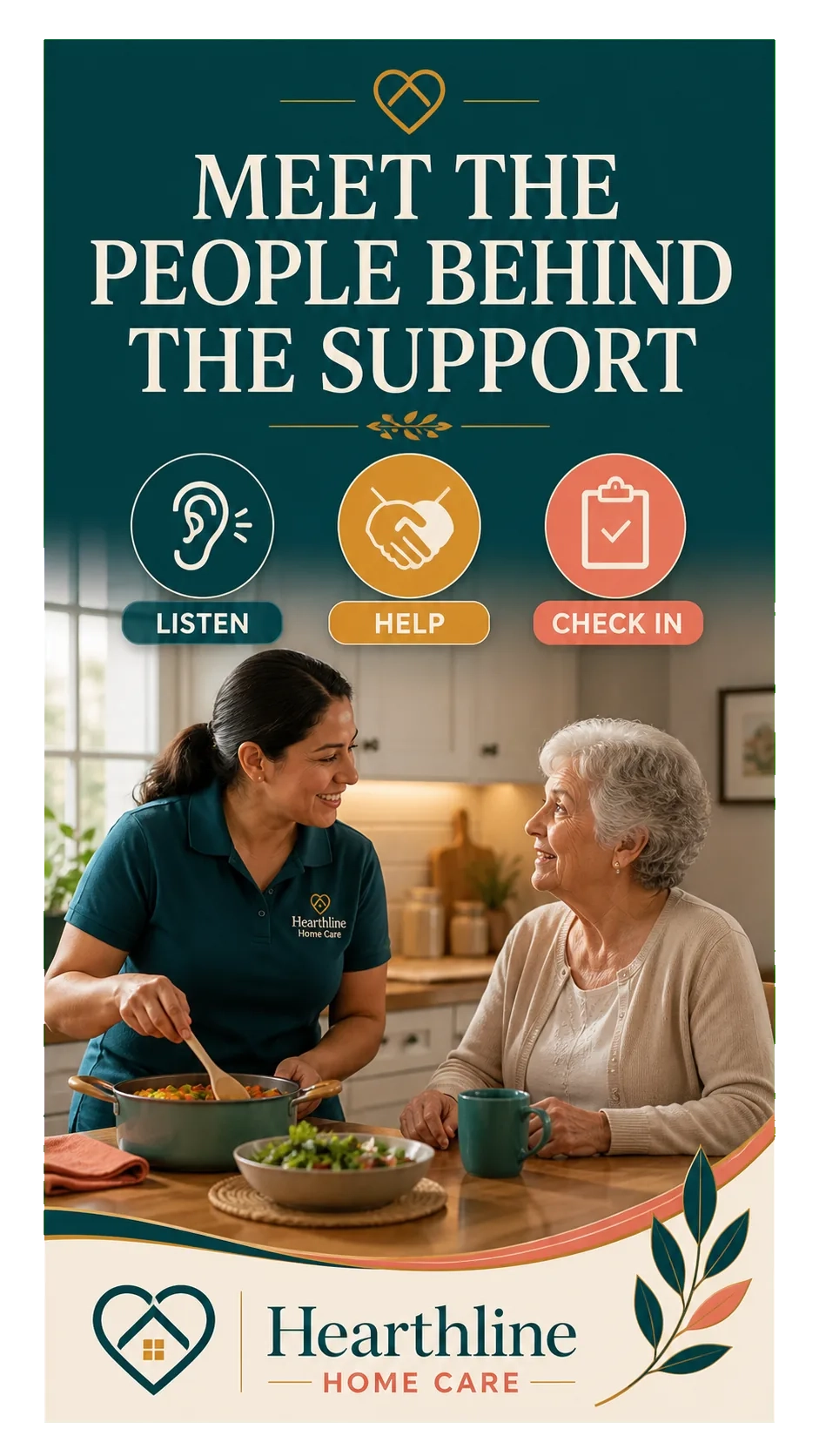 Caregiver-introduction Reel cover: meet the people behind the support; listen, help, check in; the caregiver at the stove with a client at the kitchen table; the organization’s name at the foot.