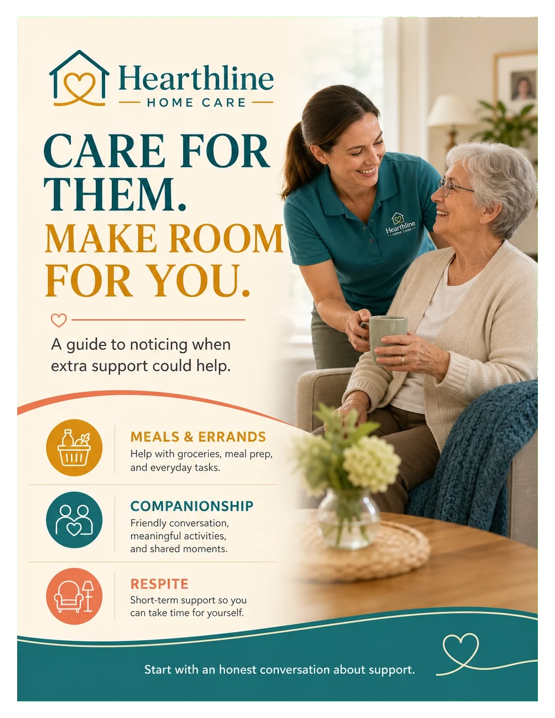 Caregiver-relief guide: care for them, make room for you; a guide to noticing when extra support could help; meals and errands, companionship, respite; start with an honest conversation about support.