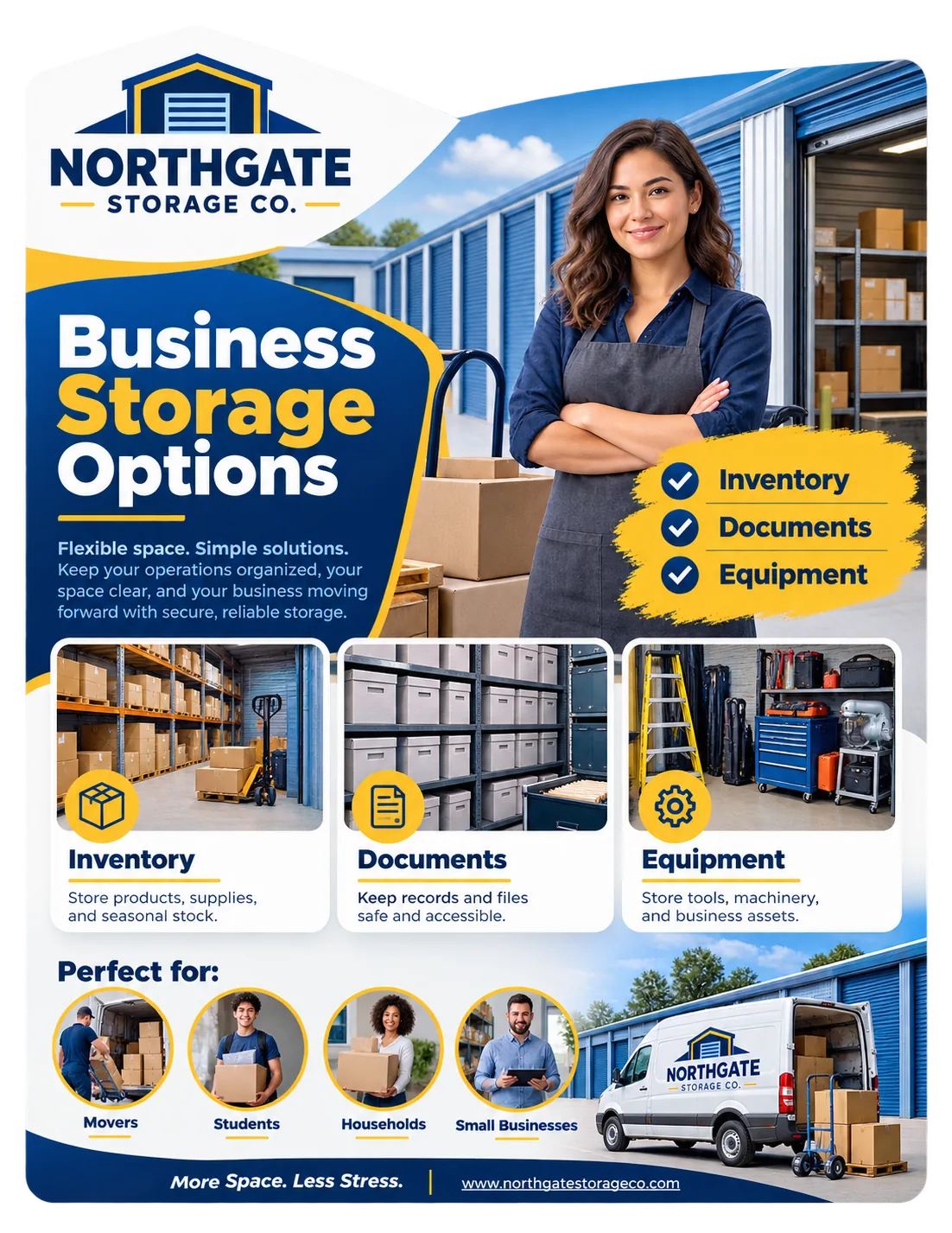 Business storage one-sheet: business storage options; flexible space, simple solutions; inventory, documents and equipment.