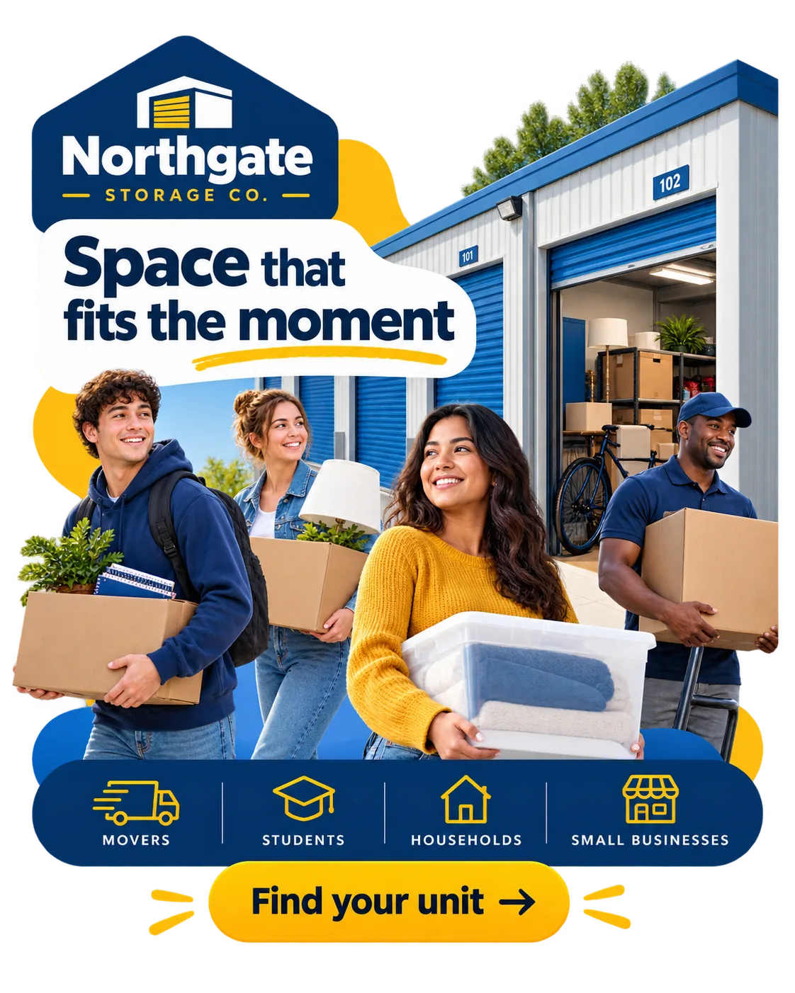 Facility carousel: space that fits the moment; movers, students, households and small businesses; find your unit.