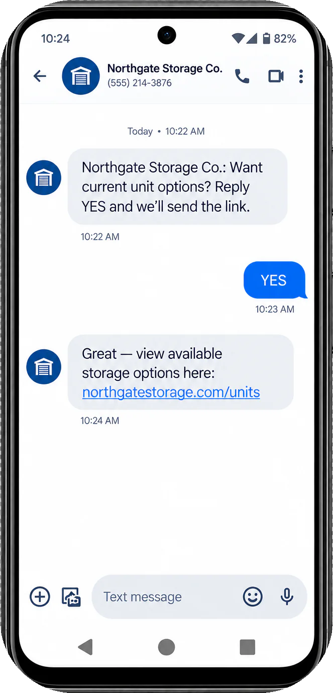 Enquiry follow-up text: want current unit options, reply YES and we’ll send the link; the YES, then the storage options page.