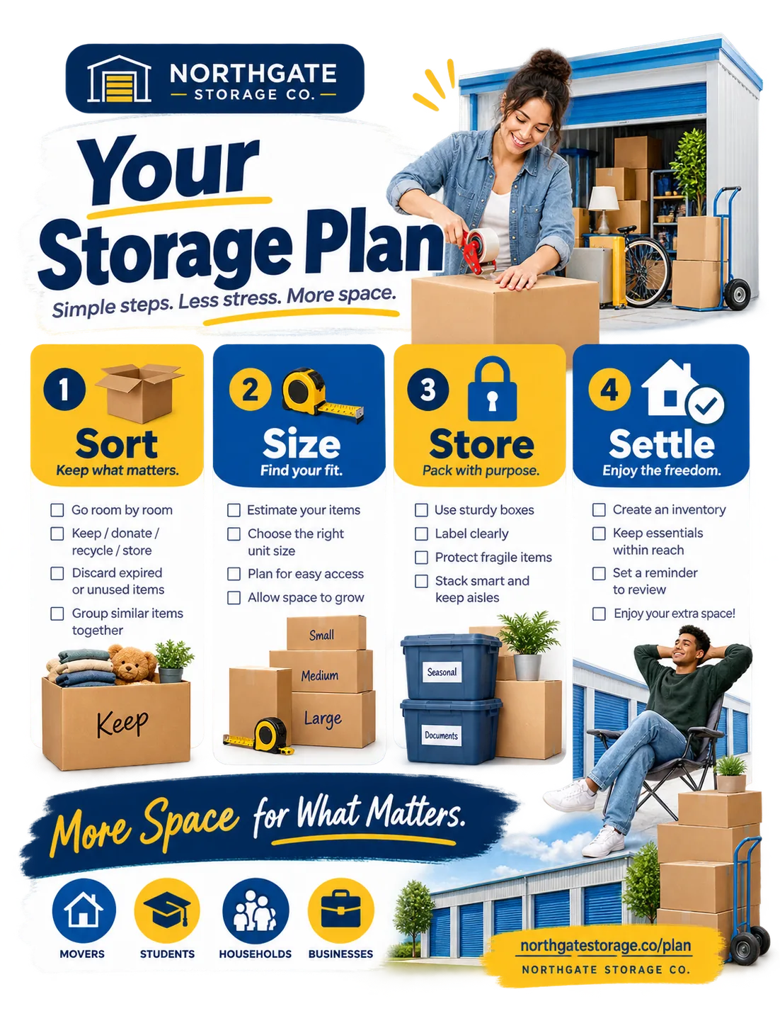 Planning checklist: your storage plan, simple steps; sort, size, store, settle, with a short list under each.