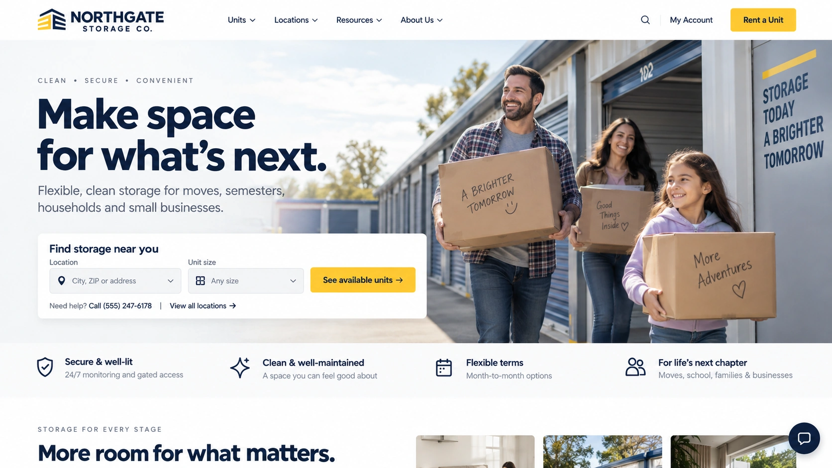 Where both links lead: make space for what’s next; movers, students, households and small businesses; explore storage options.