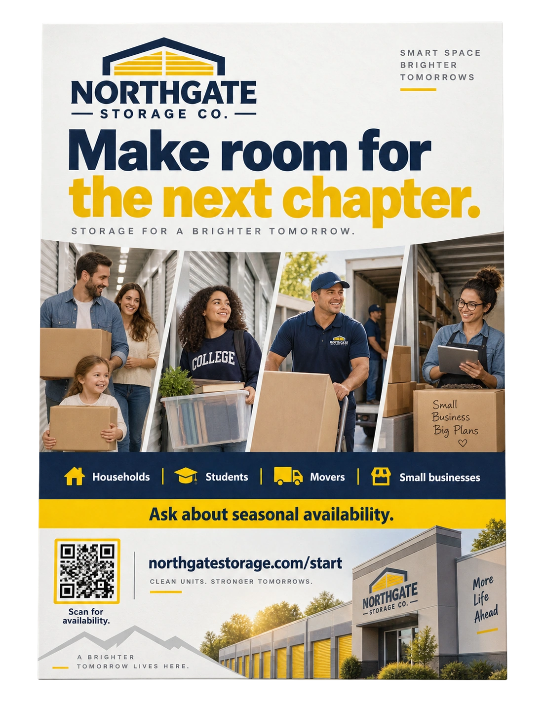 Seasonal-offer mailer: make room for the next chapter; ask about seasonal availability; households, students, movers and small businesses.