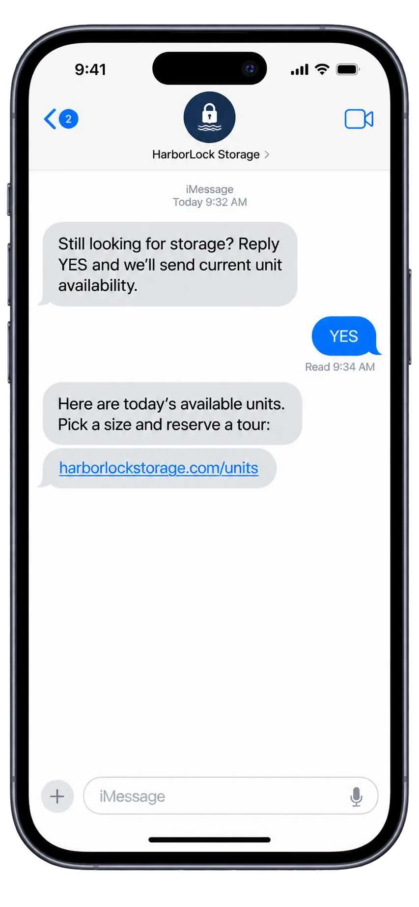 Re-engagement text: still looking for storage, reply YES and we’ll send current unit availability; the YES, then today’s available units and a tour.