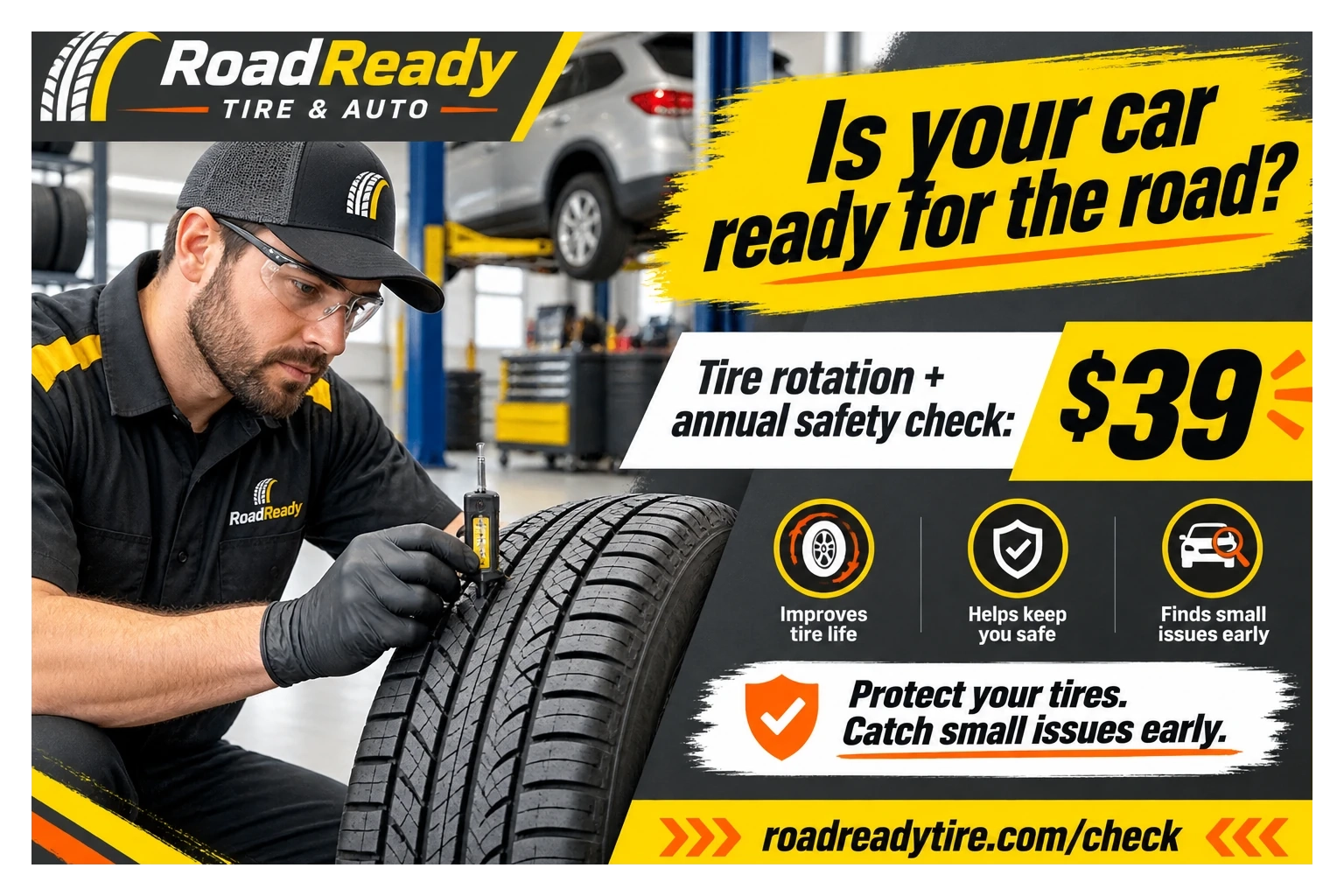 Rotation reminder postcard: is your car ready for the road; tire rotation plus annual safety check, the offer printed beside it; improves tire life, helps keep you safe, finds small issues early; the shop’s check page address.