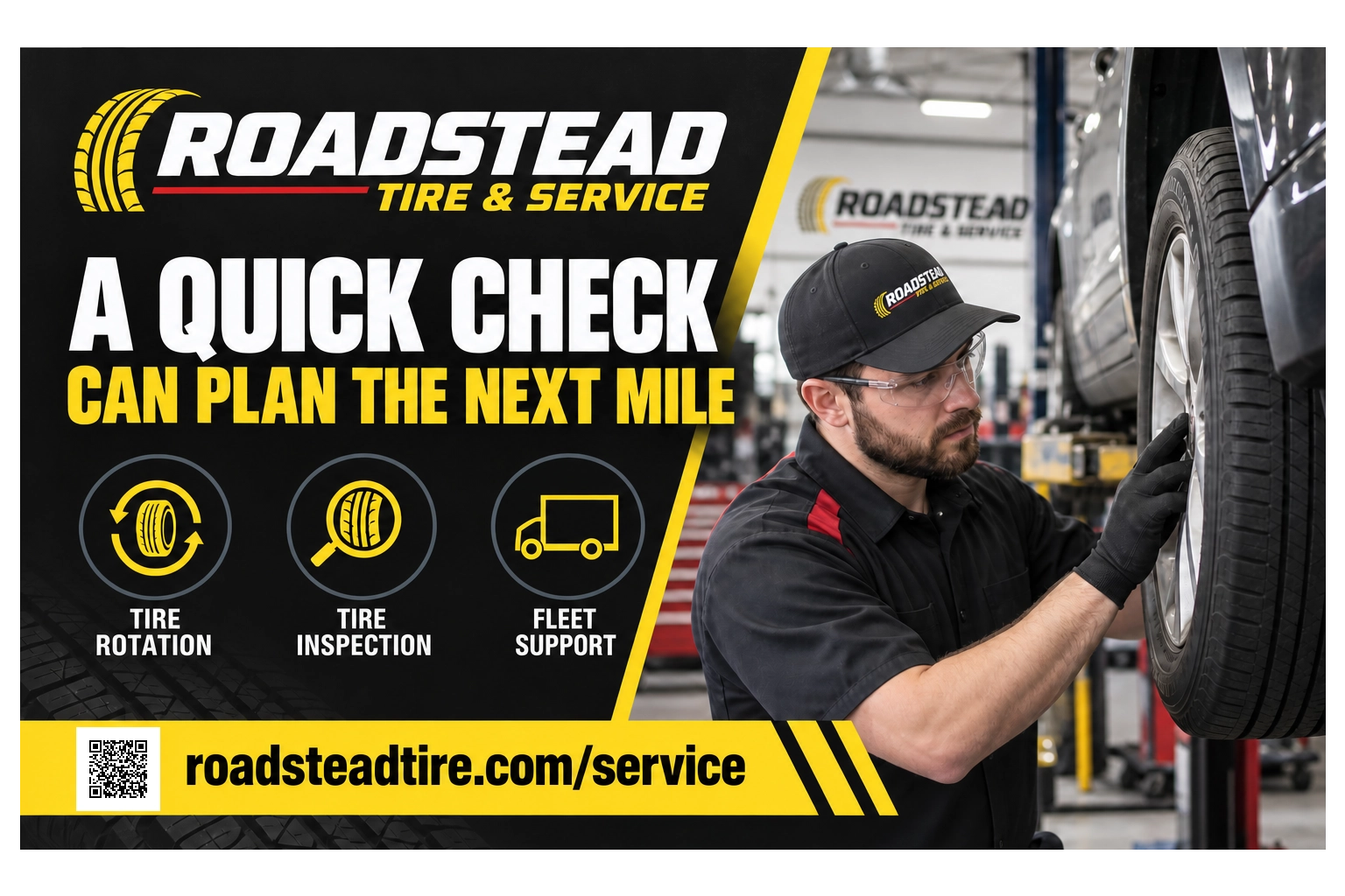 Maintenance reminder postcard: a quick check can plan the next mile; tire rotation, tire inspection, fleet support; the shop’s service page address.