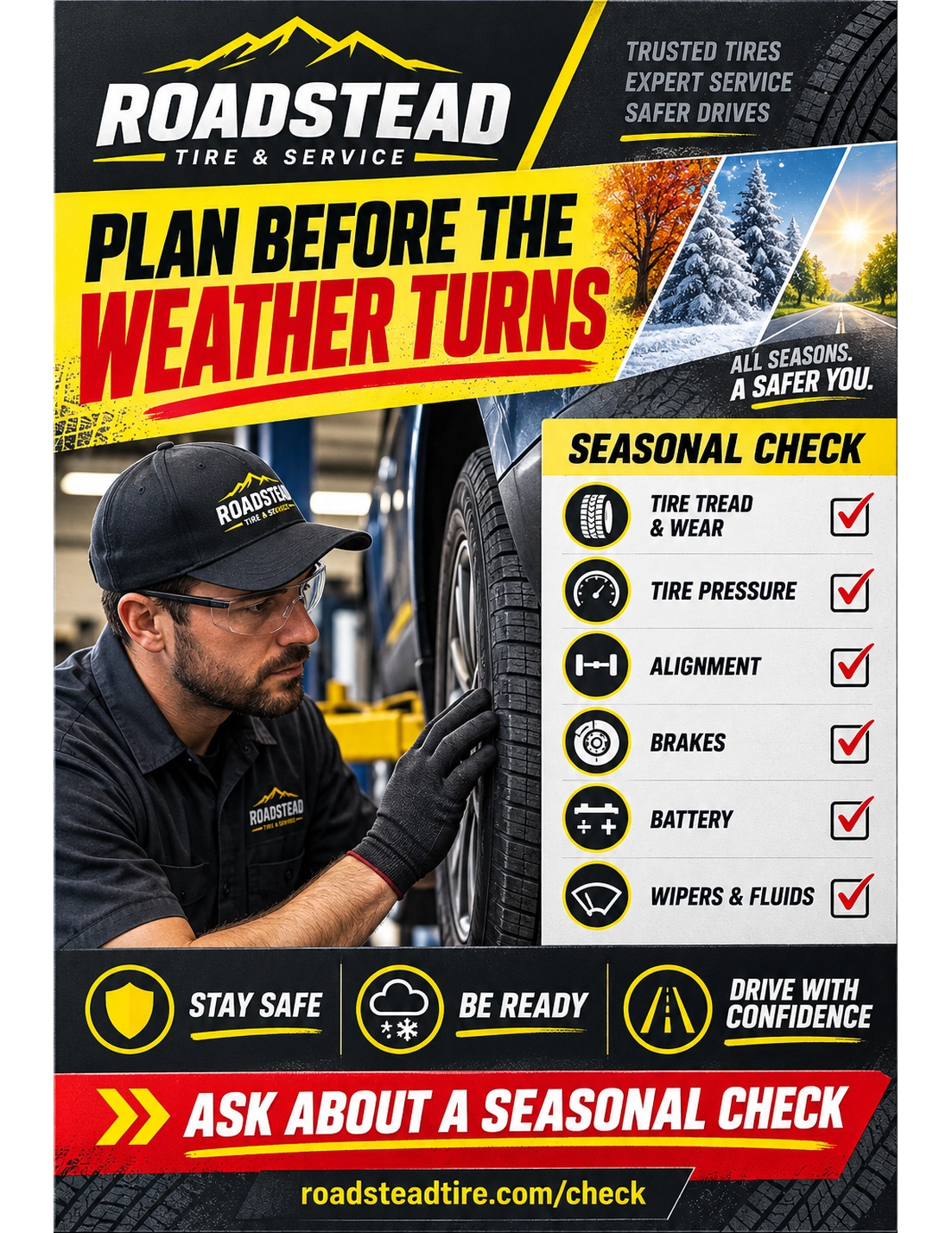 Seasonal inspection mailer: plan before the weather turns; the seasonal check on its clipboard, tread and wear, pressure, alignment, brakes, battery, wipers and fluids; stay safe, be ready, drive with confidence; ask about a seasonal check.