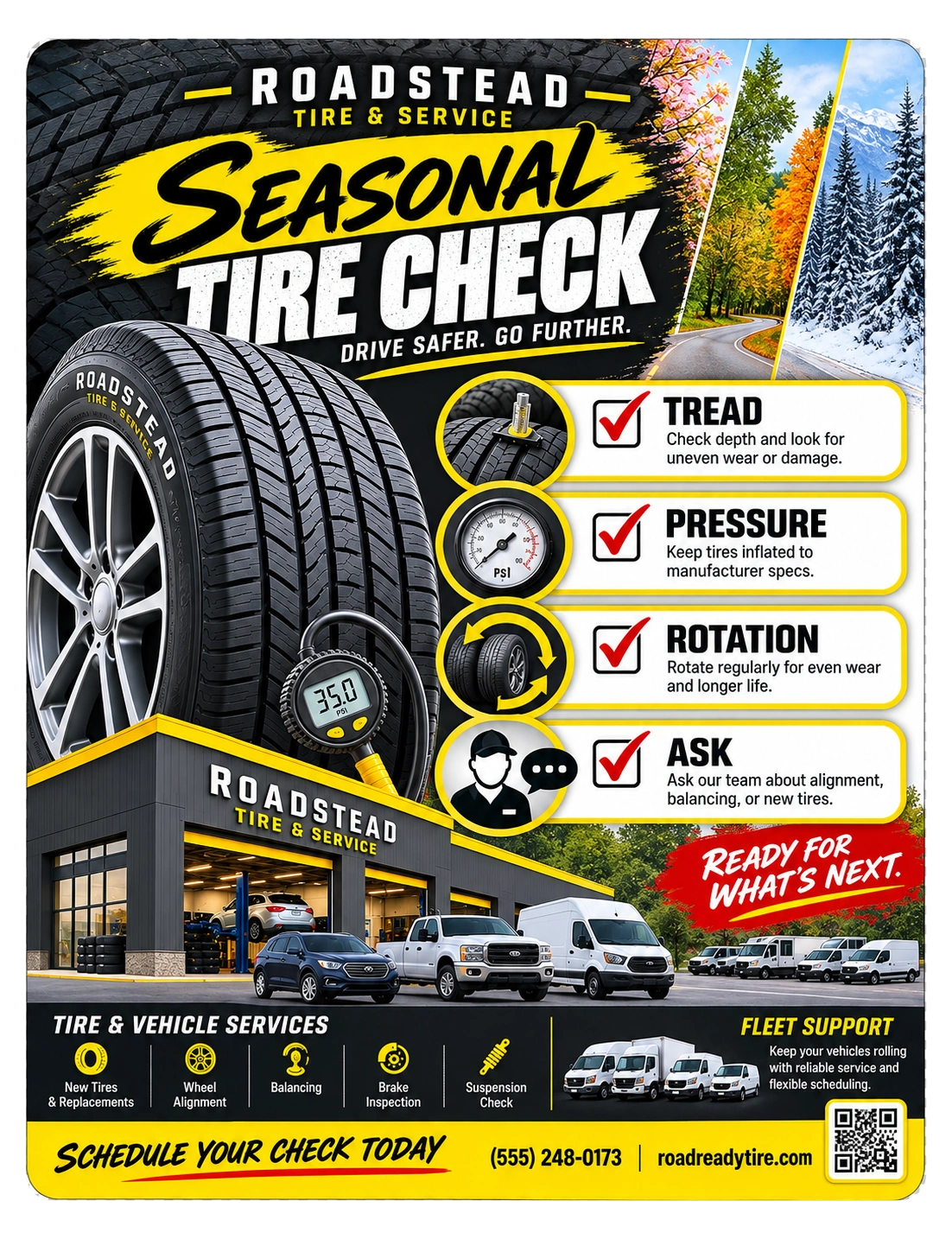 Seasonal tire checklist: seasonal tire check, drive safer, go further; tread, pressure, rotation, ask; tire and vehicle services; schedule your check today.