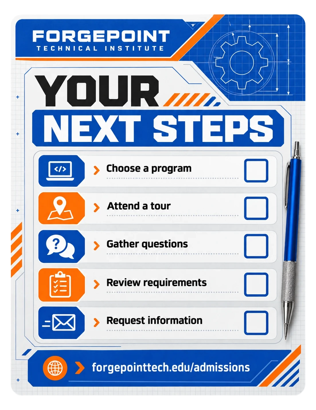 Admissions checklist: your next steps; choose a program, attend a tour, gather questions, review requirements, request information; the admissions page’s address.