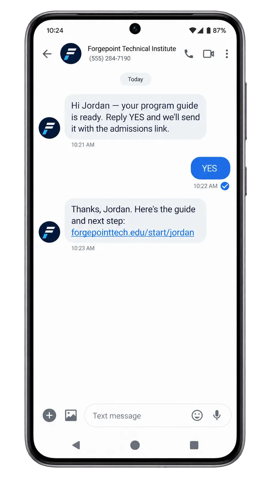 Admissions follow-up text, addressed by first name: your program guide is ready, reply YES and we’ll send it with the admissions link; the YES; then the guide and next step, the link.