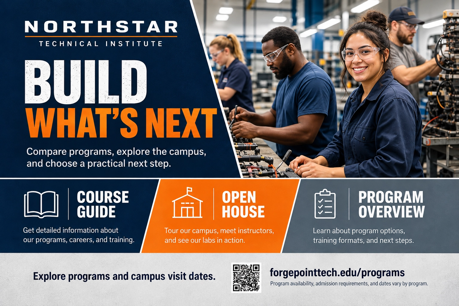 Course-guide and open-house mailer: build what’s next; compare programs, explore the campus, and choose a practical next step; course guide, open house, program overview; request the guide, plan your visit, with the note that program availability, admission requirements and dates vary by program.