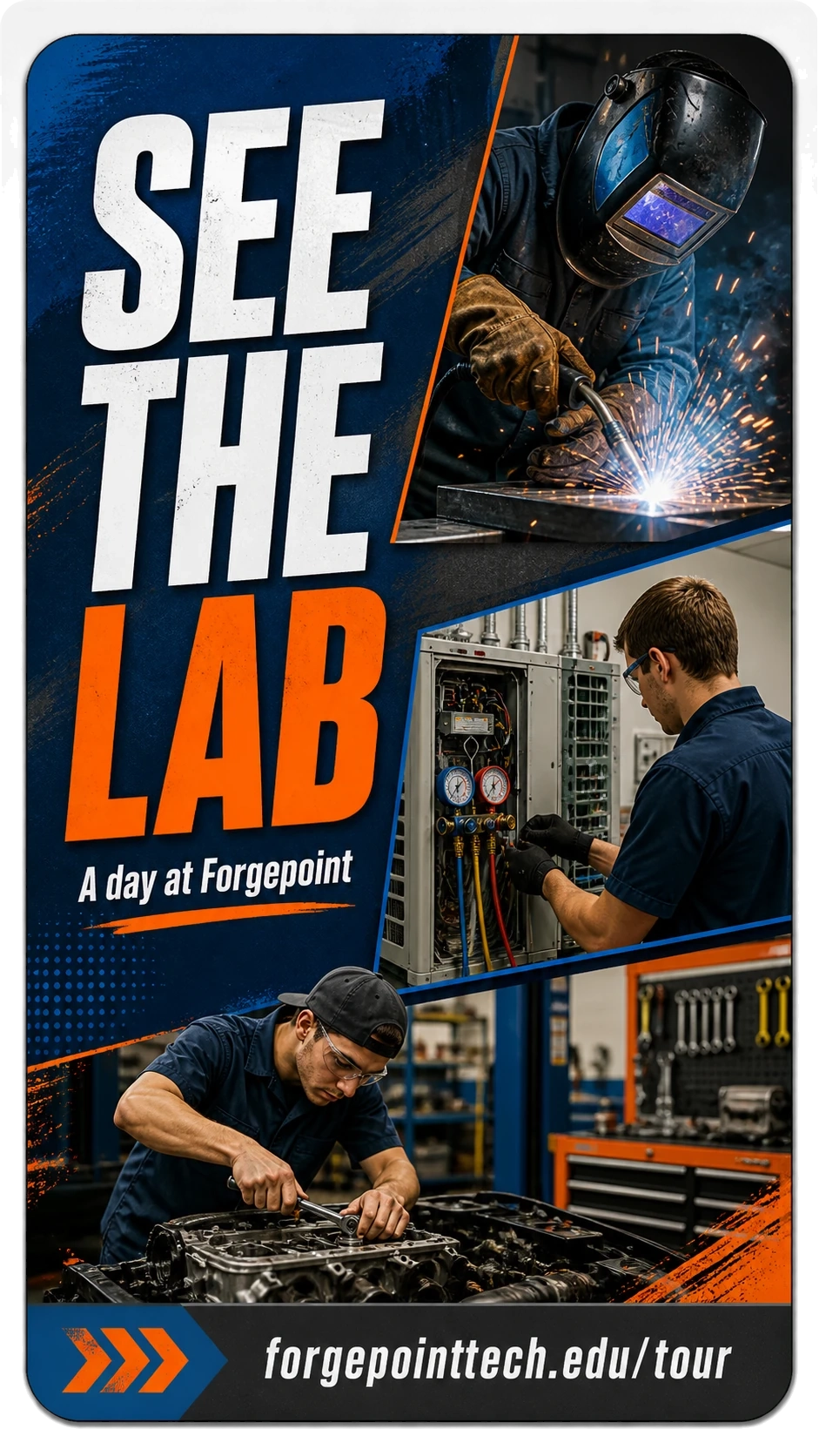 Lab-tour Reel: see the lab, a day at the school; the welding bay, the panel, the engine; the tour page’s address.