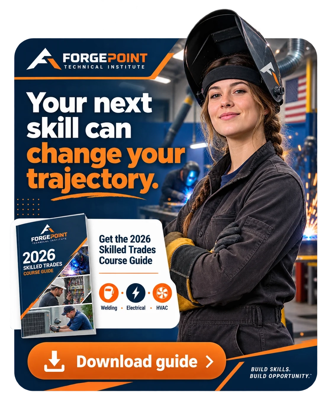 Course-guide lead ad: your next skill can change your trajectory; get the skilled trades course guide, welding, electrical, HVAC; download guide.