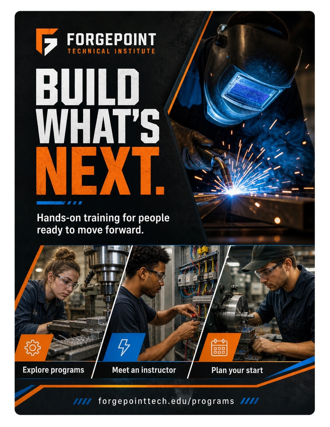 Program-start campaign kit: build what’s next, hands-on training for people ready to move forward; explore programs, meet an instructor, plan your start; the programs page’s address.